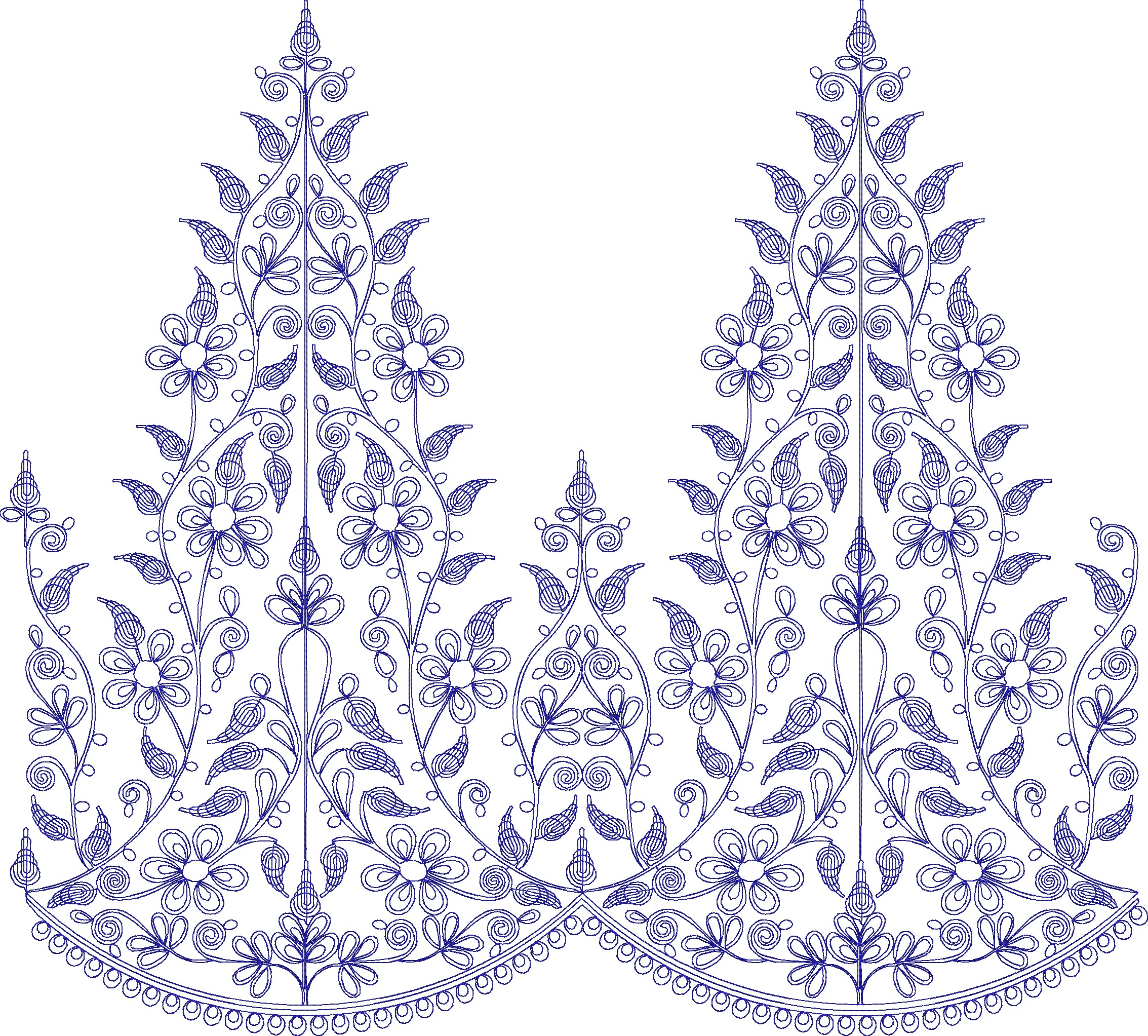 Embroidery design: A symmetrical blue embroidery design featuring a floral border with scrolling vines, leaves, and flowers, incorporating 