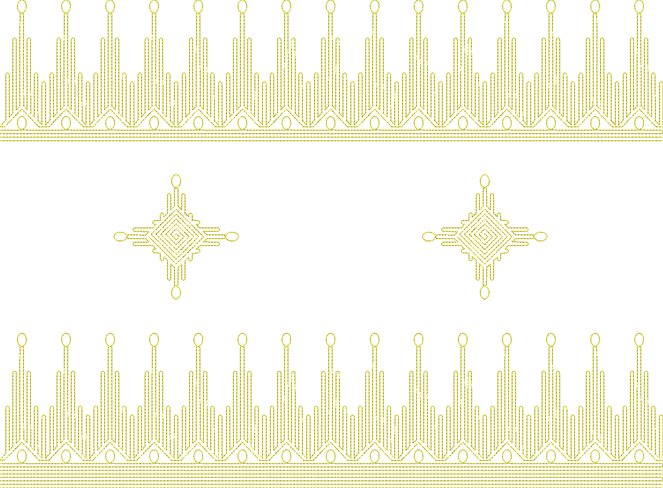 Embroidery design: A repeating golden yellow embroidery pattern with crown-like border motifs and central diamond-shaped swirling motifs.