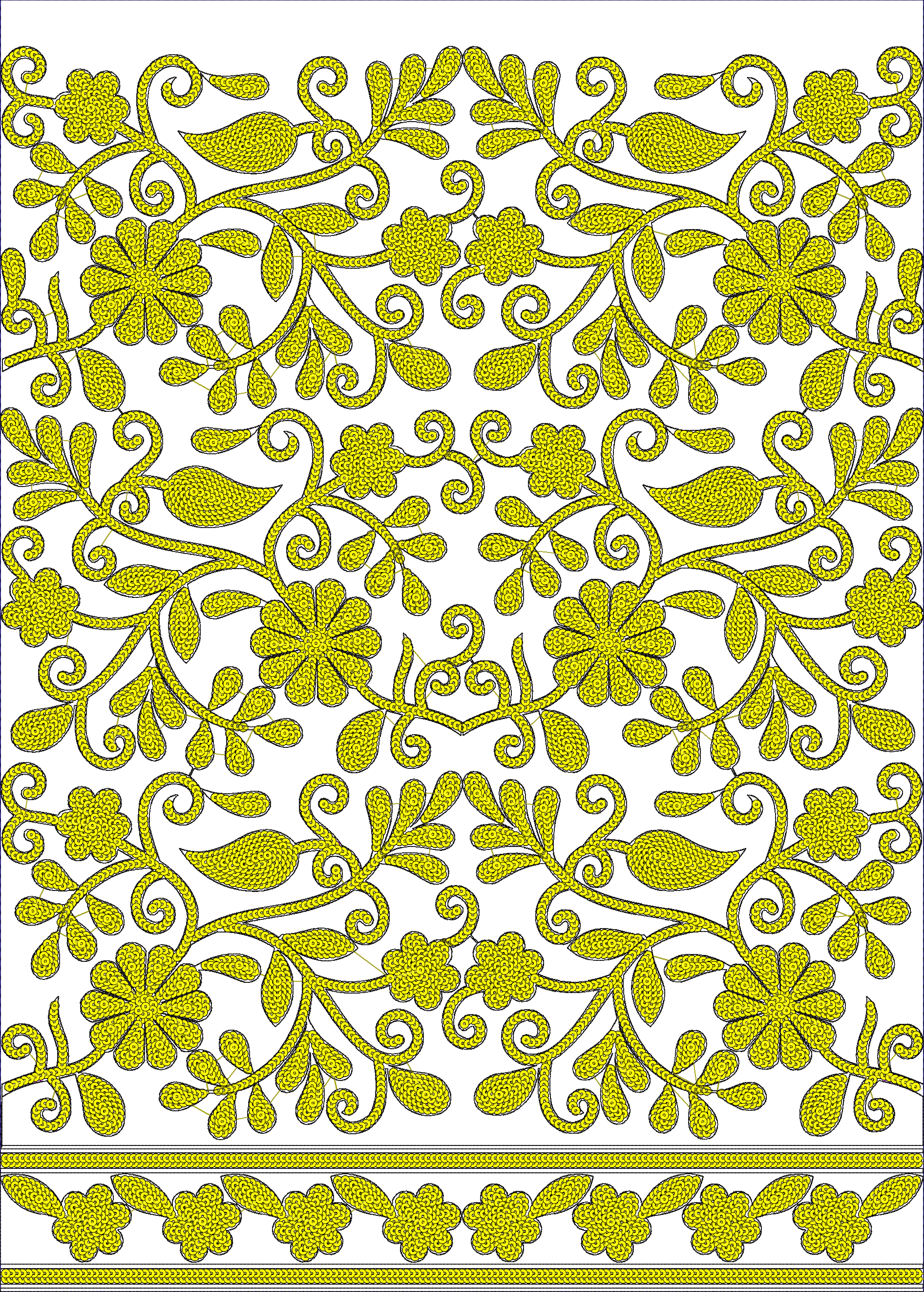 Embroidery design: A symmetrical, repeating embroidery design featuring yellow floral and vine motifs with a decorative border, rendered in