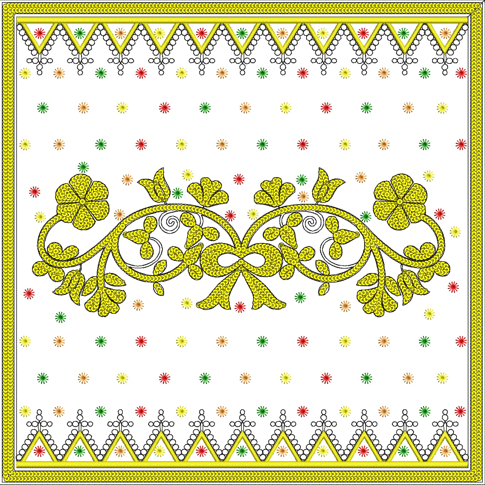Embroidery design: An embroidery design featuring a central yellow floral and scrollwork motif with a bow, bordered by decorative yellow an