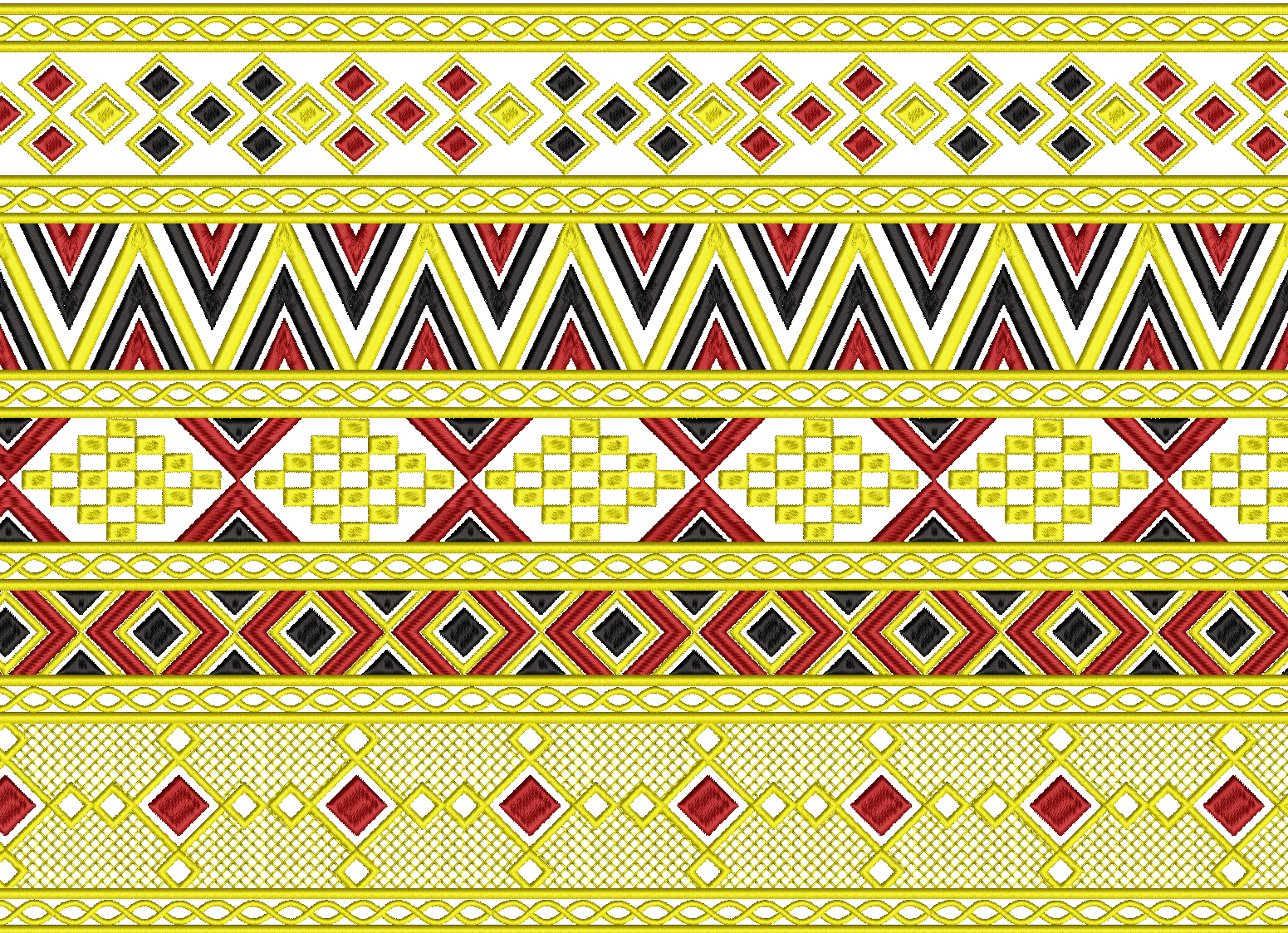 Embroidery design: An embroidery design featuring a repeating geometric border pattern with gold, red, and black diamond and chevron motifs