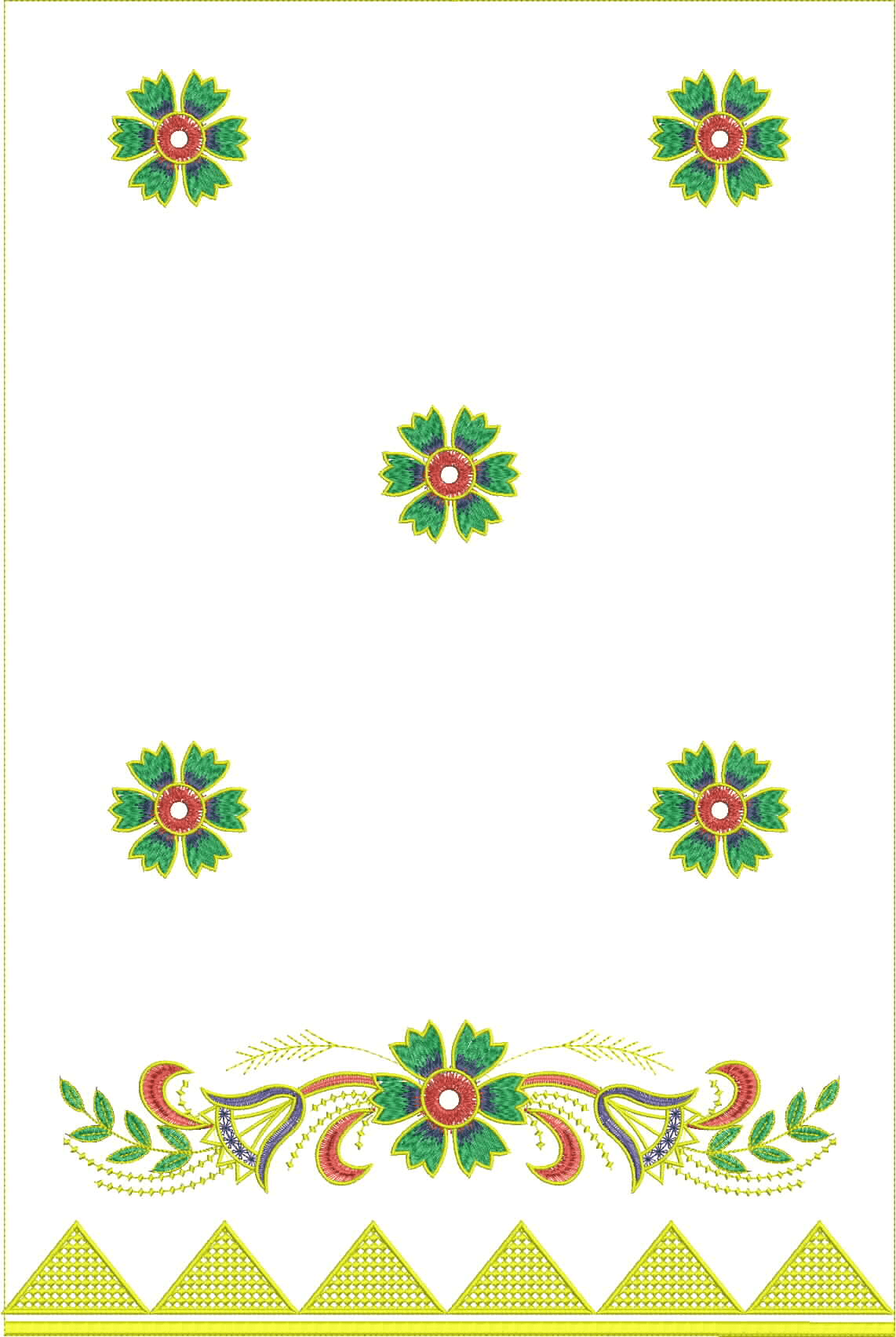 Embroidery design: An embroidery design featuring repeating floral motifs and a decorative border with floral and geometric elements.