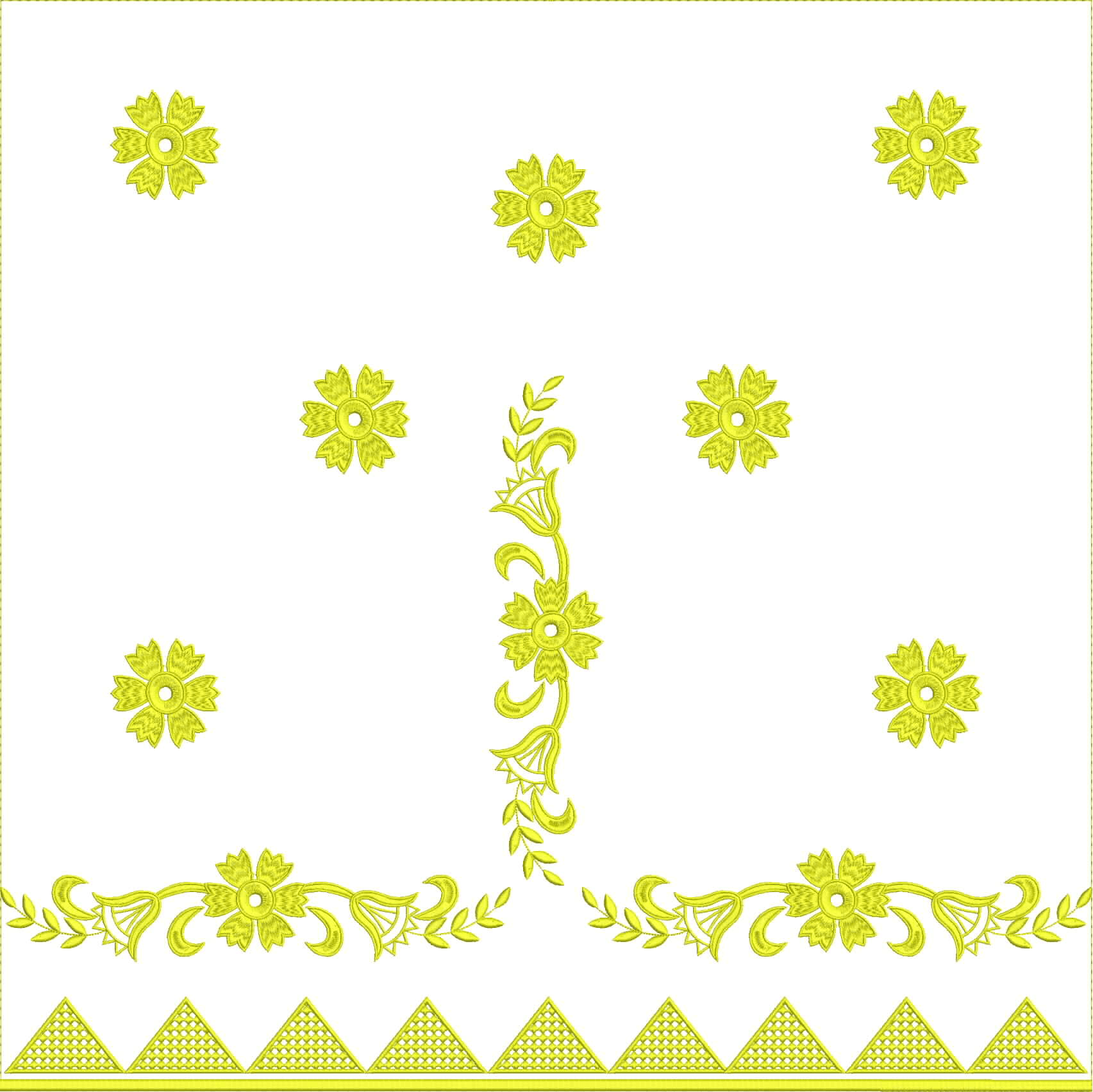Embroidery design: A repeating embroidery design in yellow on white, featuring scattered flowers, a central floral and vine motif, a floral