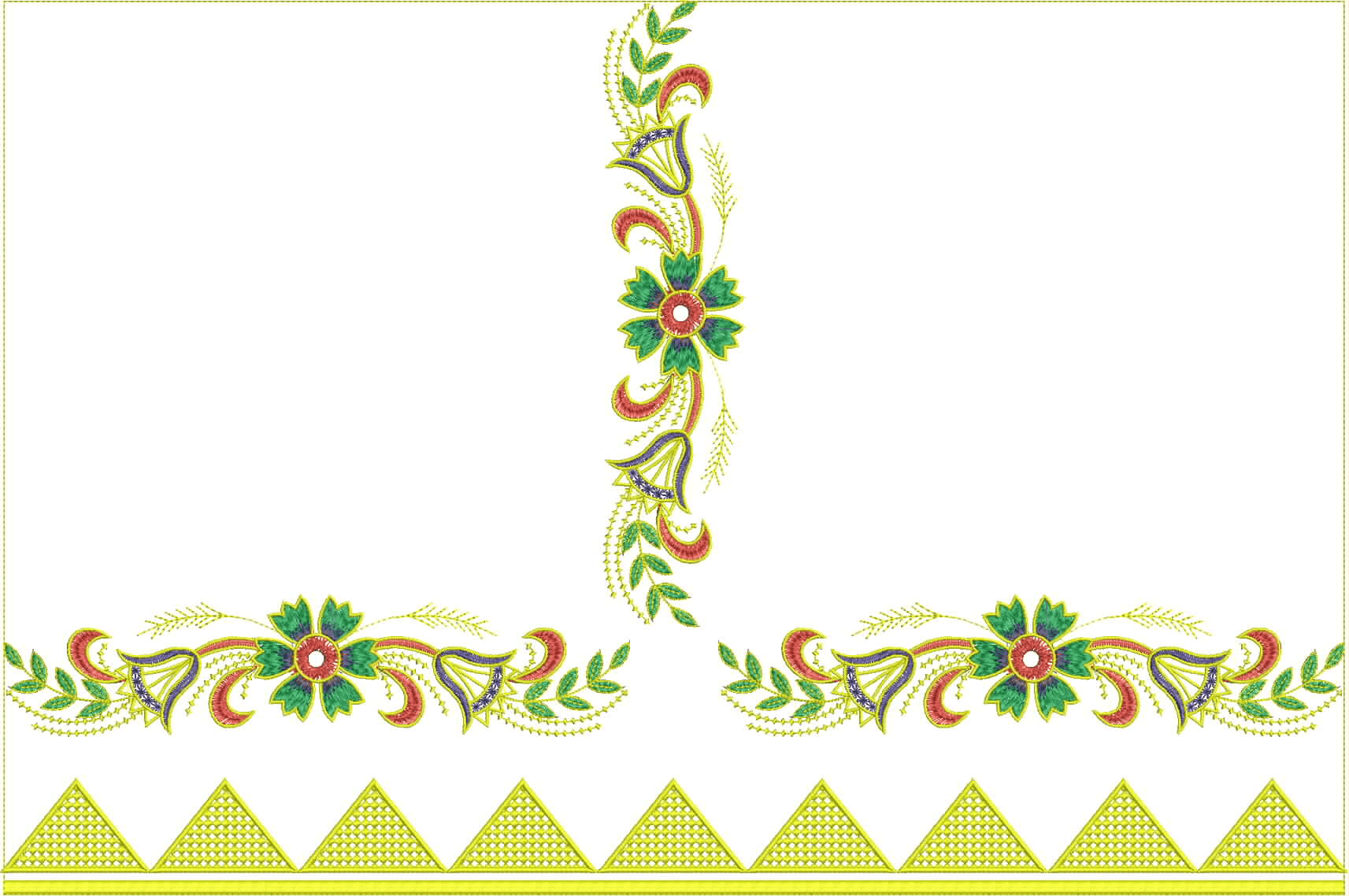 Embroidery design: A decorative embroidery design featuring floral and vine motifs with a repeating border at the bottom. The design includ