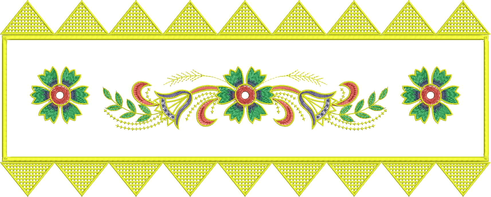 Embroidery design: A decorative border embroidery design featuring symmetrical floral motifs with green leaves and red-pink accents, framed