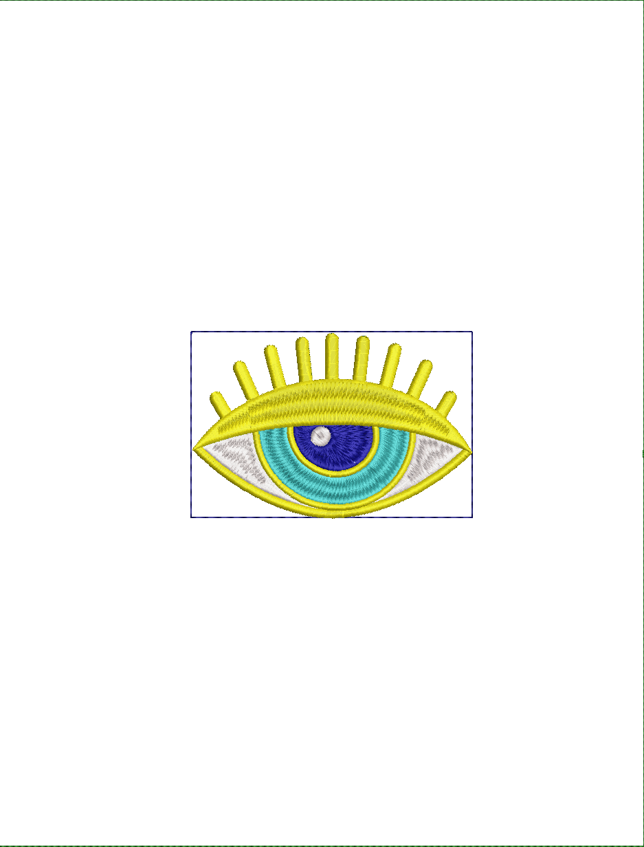 Embroidery design: An embroidery design of an eye symbol with yellow eyelashes and blue and turquoise details in the iris.