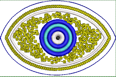 Embroidery design: An embroidered design of a stylized eye with concentric blue and cyan circles for the iris and pupil, and a black pupil.