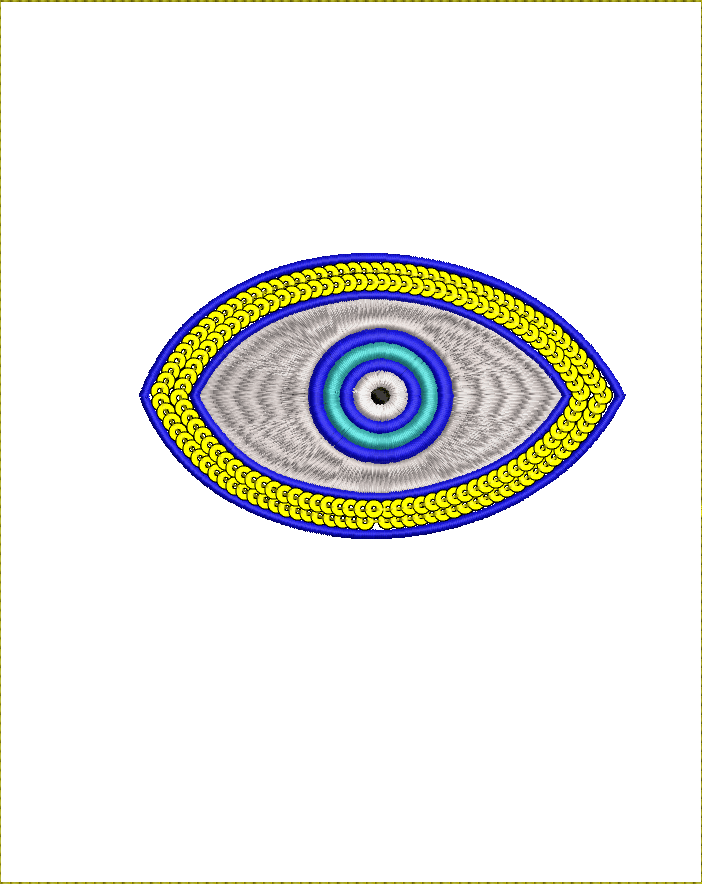 Embroidery design: An embroidery design of a stylized eye, commonly known as the evil eye or nazar. It features concentric blue and cyan ci