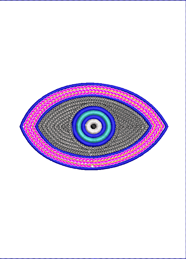 Embroidery design: A symmetrical embroidery design of an eye with concentric circles of blue, cyan, white, and black, surrounded by gray fi