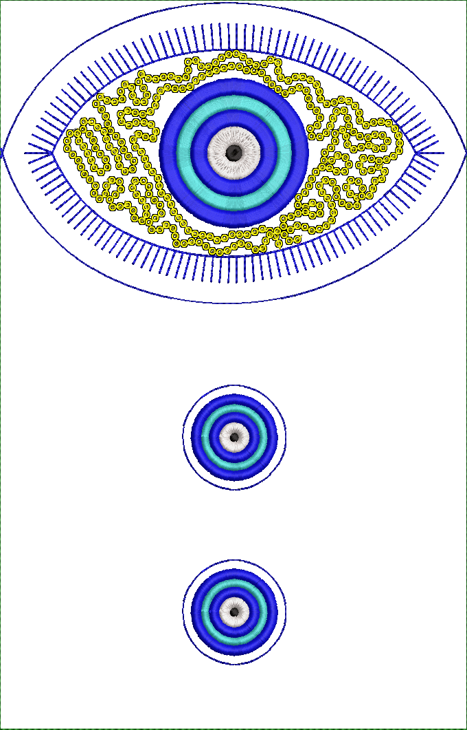 Embroidery design: A traditional embroidery design of an evil eye symbol with concentric circles of dark blue, light blue, cyan, gray, and 