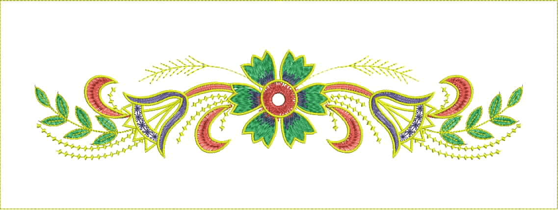 Embroidery design: A symmetrical floral and botanical embroidery design in a decorative ornamental style, featuring a central green flower 