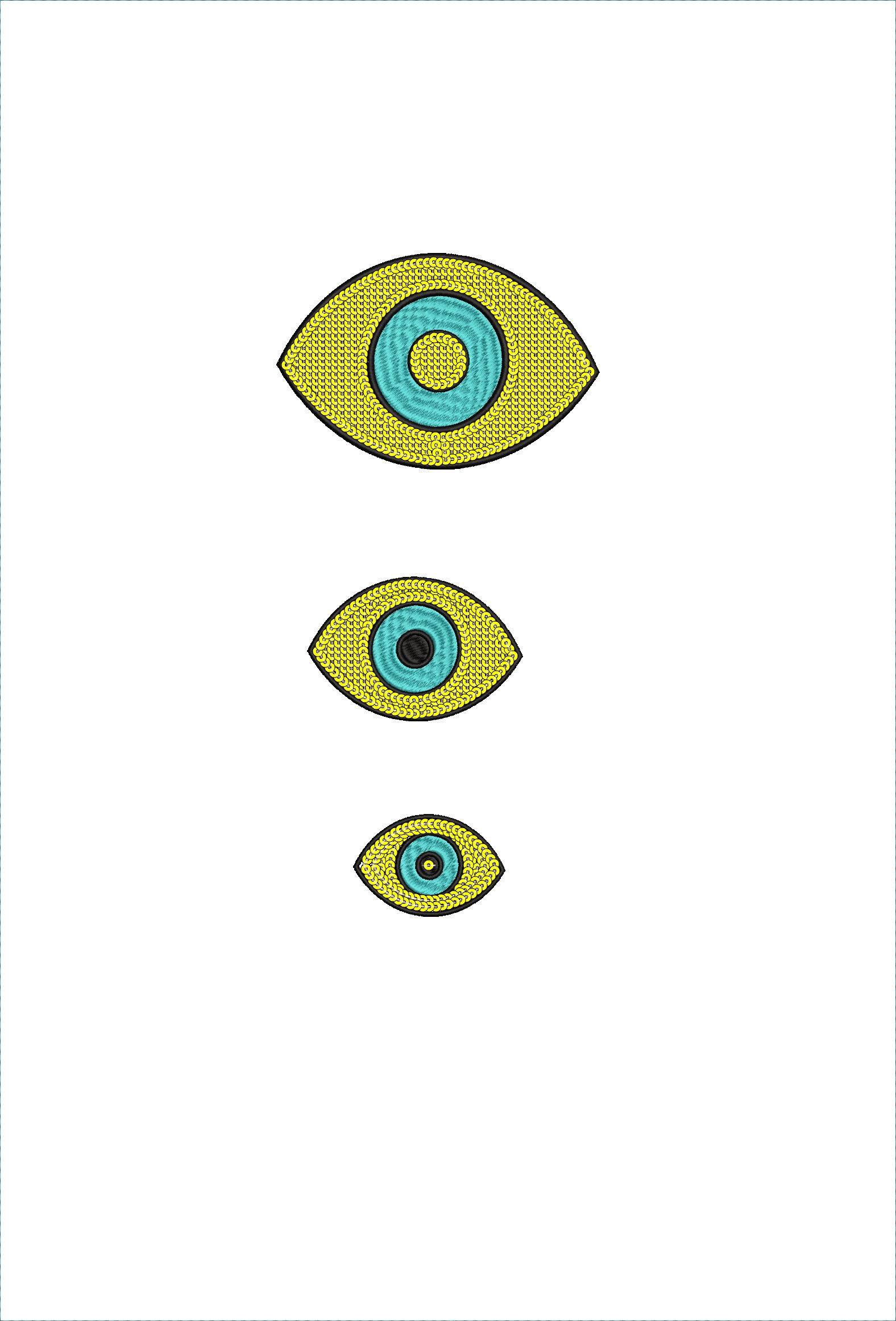 Embroidery design: Three embroidered evil eye symbols in decreasing sizes, featuring black outlines, yellow sequin-like outer rings, light 