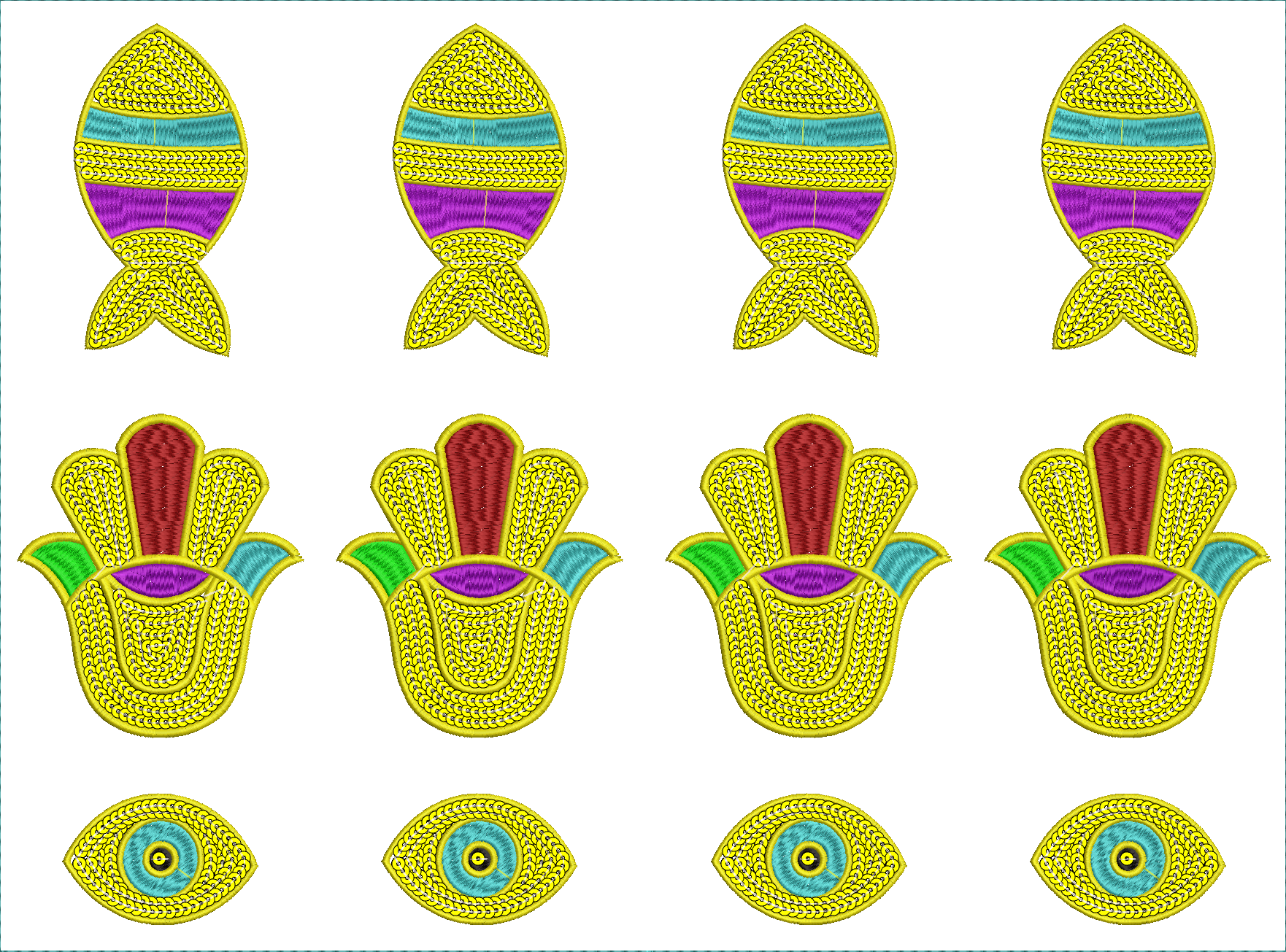 Embroidery design: An embroidery design collection featuring four fish, four Hamsa hands, and four evil eye symbols, all rendered in a deco