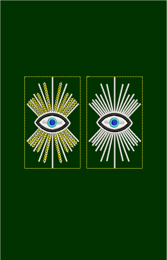 Embroidery design: Two embroidery designs of an eye symbol with radiating lines. The left features yellow chain details, while the right ha