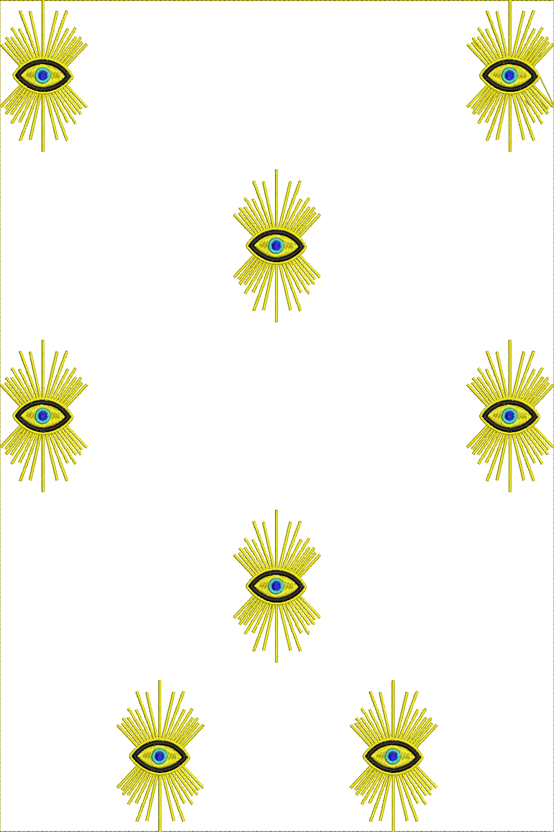 Embroidery design: A repeating embroidery pattern of stylized golden eyes with radiating lines on a white background.