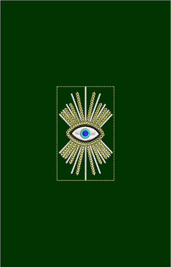 Embroidery design: An embroidery design of an all-seeing eye with a blue iris, surrounded by radiating white and yellow chain-like elements