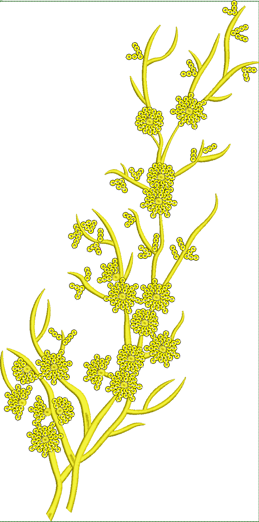 Embroidery design: A yellow embroidery design featuring delicate winding vines with clusters of small, circular blossoms.