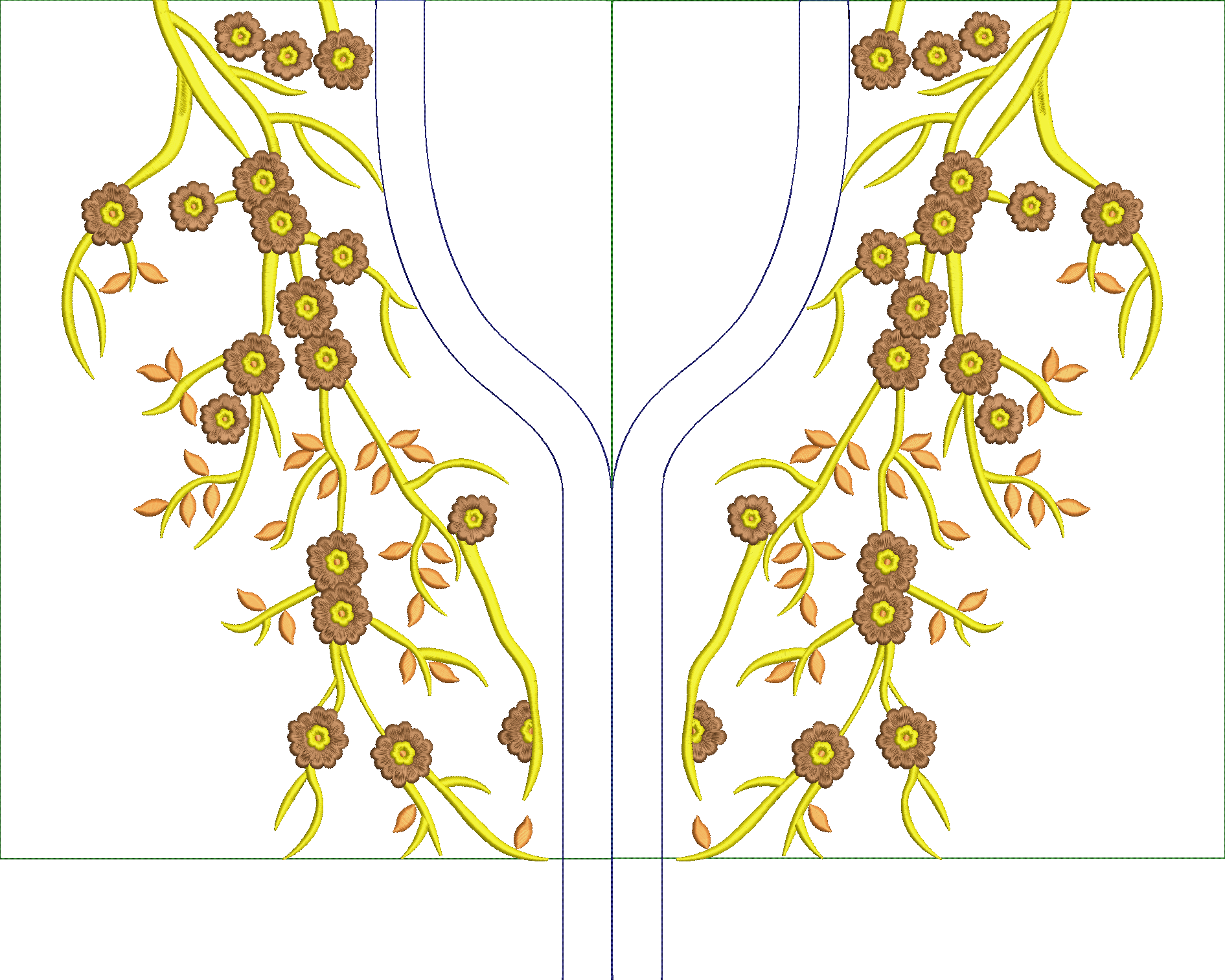Embroidery design: A symmetrical embroidery design for a neckline, featuring yellow vines with brown and yellow flowers and orange-brown le
