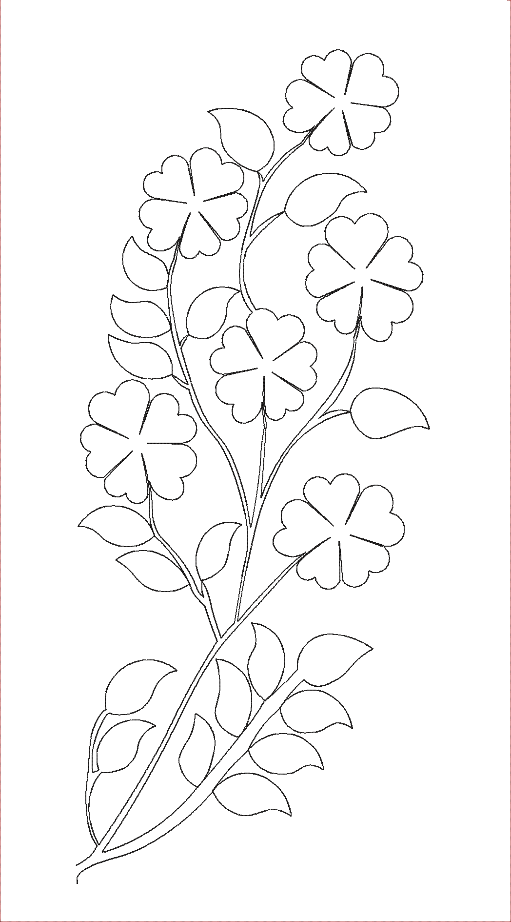 Embroidery design: A black and white line drawing of a decorative branch with five flowers and several leaves, in a vine-like arrangement.