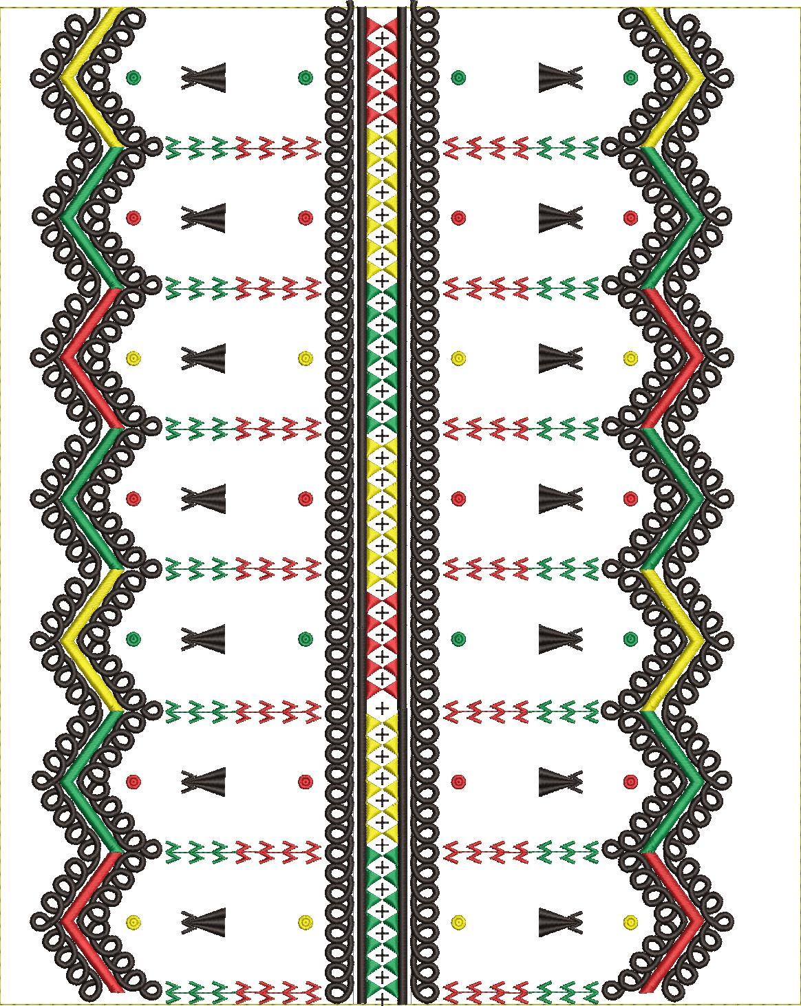 Embroidery design: A symmetrical vertical embroidery border design featuring geometric patterns with red, yellow, and green chevron and dia