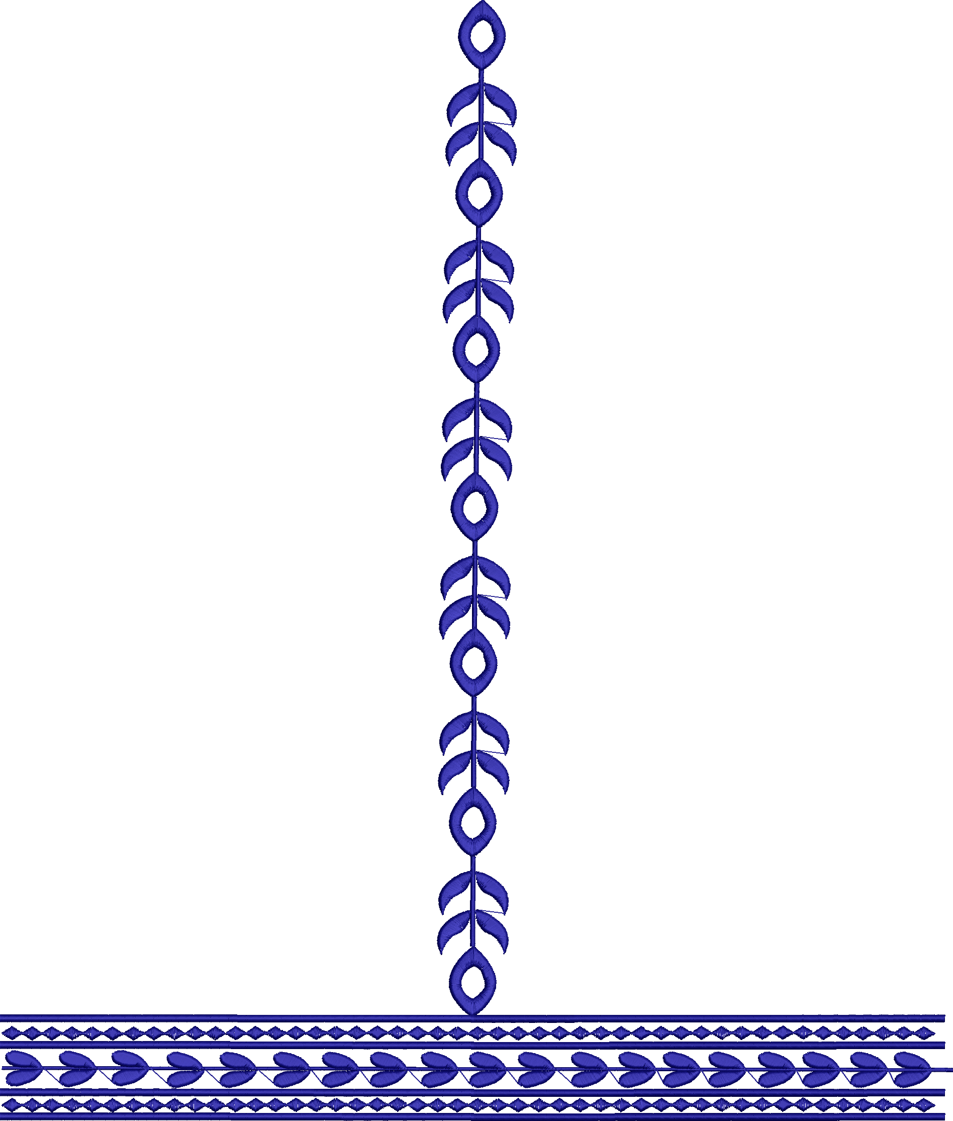 Embroidery design: A blue embroidery design featuring a vertical ornamental border with repeating leaf and oval motifs, and a horizontal bo