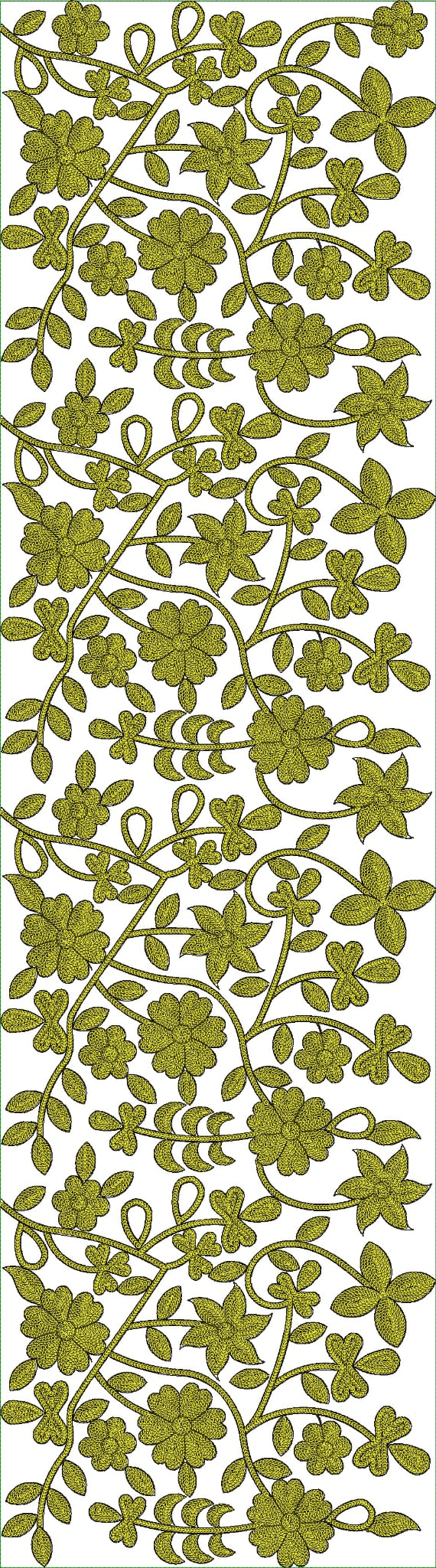 Embroidery design: An all-over embroidery design featuring a dense pattern of olive-colored flowers, leaves, and vines.