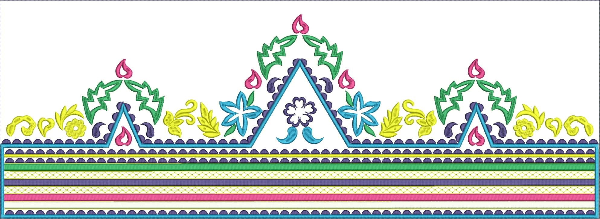 Embroidery design: A colorful embroidered border design with geometric and floral motifs, featuring symmetrical patterns and multiple decor