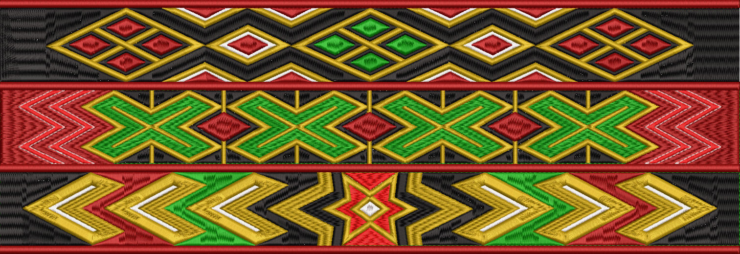 Embroidery design: A decorative embroidered border with repeating geometric and ethnic motifs in red, green, black, gold, and white. The de