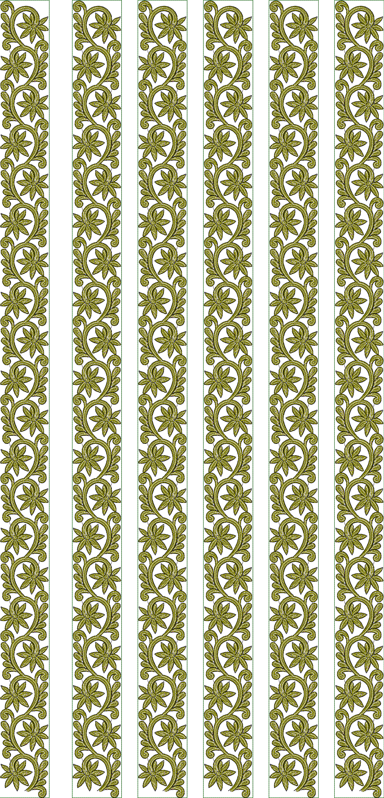 Embroidery design: A decorative gold and green embroidery design featuring a repeating, symmetrical floral and vine pattern, suitable for u