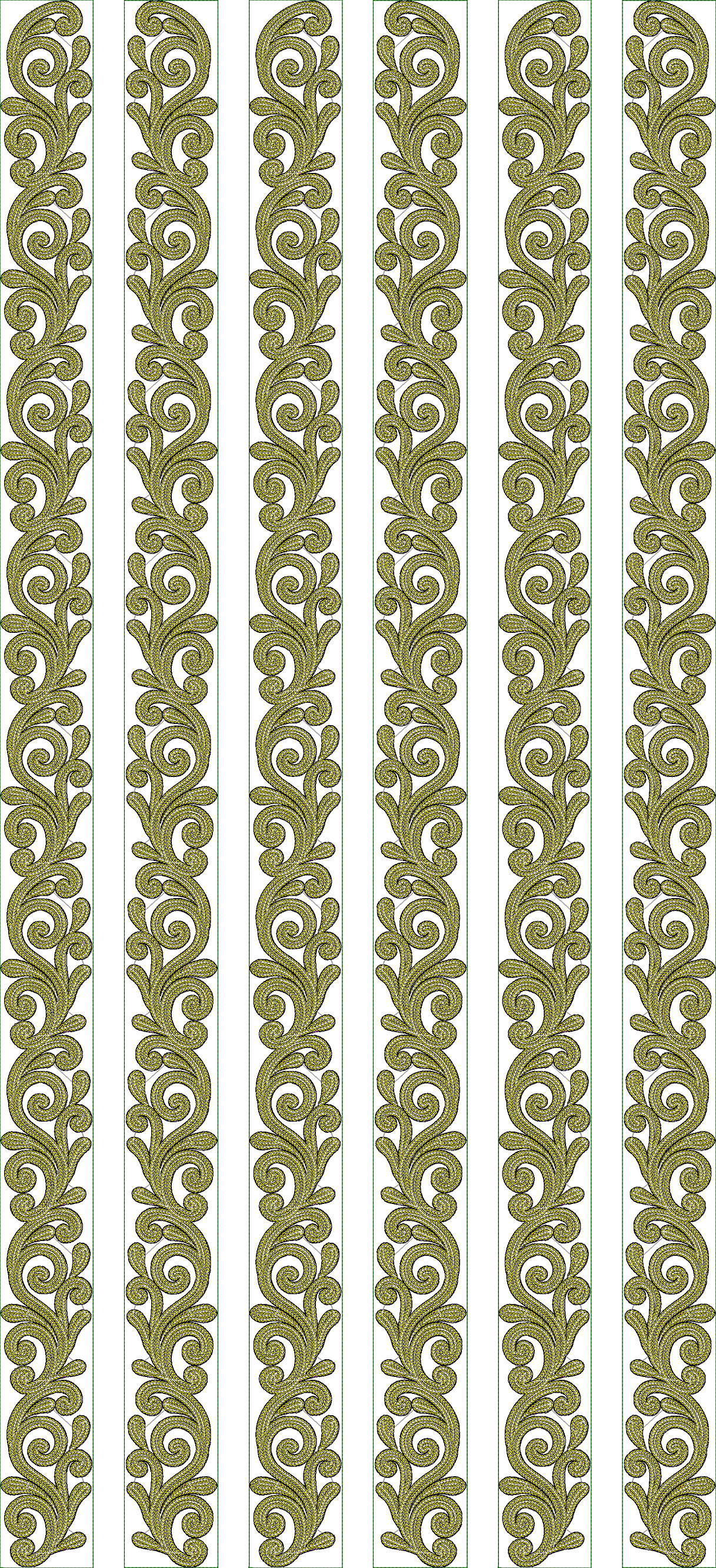 Embroidery design: A repeating vertical border embroidery design featuring ornate golden yellow scrollwork and foliage elements against a w