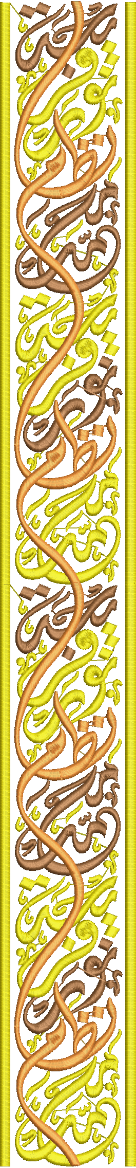 Embroidery design: A vertical embroidery design featuring intricate Arabic-style calligraphy in yellow, orange, and brown, with a decorativ