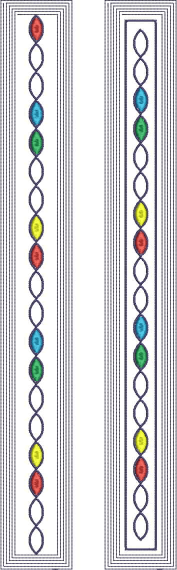 Embroidery design: Two vertical embroidery panels with a central column of alternating colored oval shapes (red, teal, green, yellow) conta