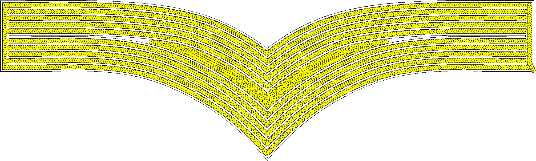 Embroidery design: A symmetrical embroidery design featuring curved bands filled with yellow circular motifs, outlined in black with white 