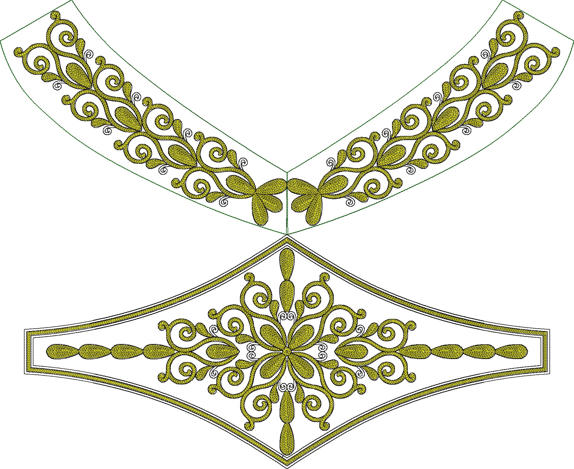 Embroidery design: Two symmetrical embroidery designs in gold and black with green accents. The top is a curved neckline border with scroll
