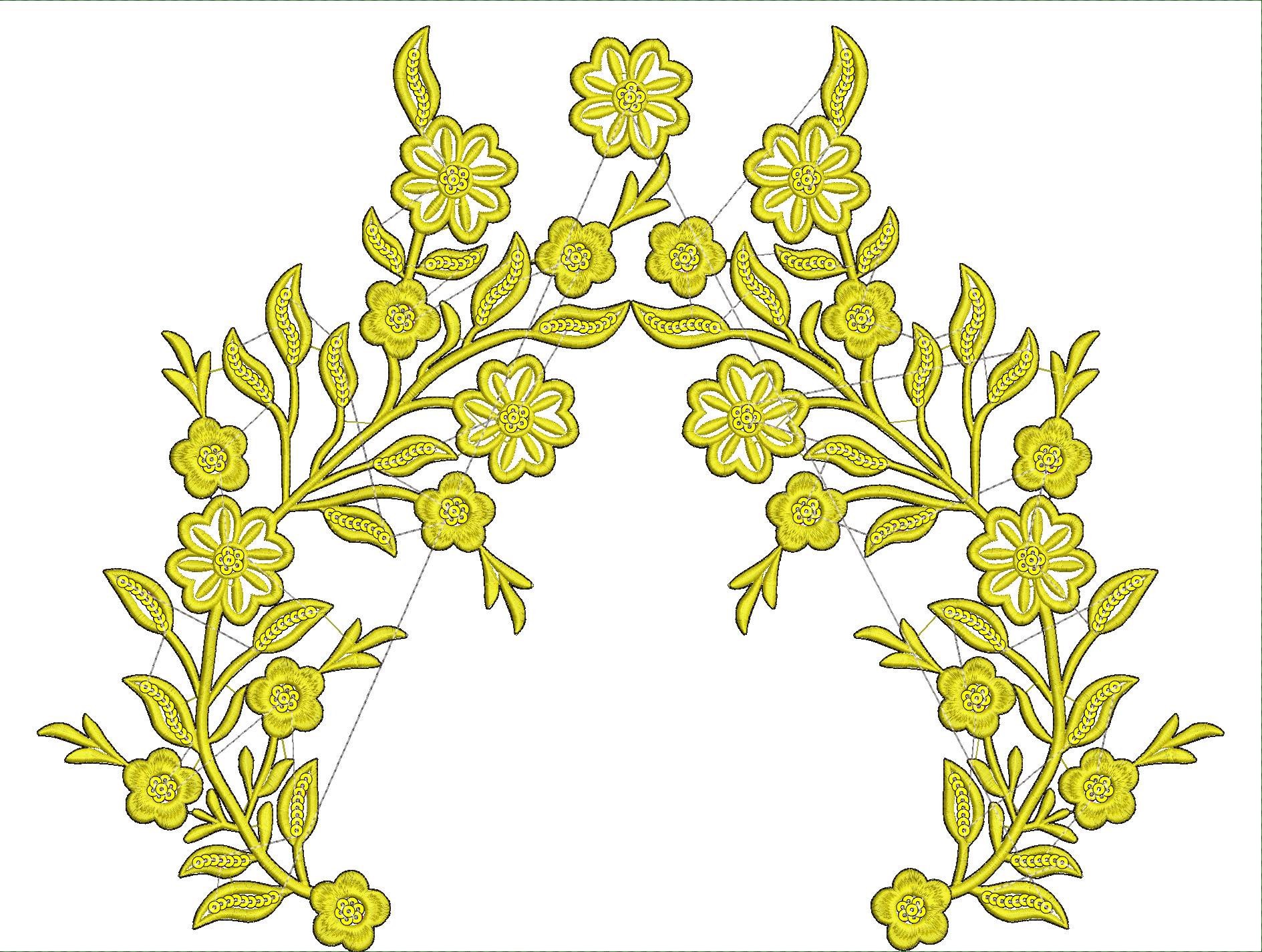 Embroidery design: A symmetrical, ornamental embroidery design featuring yellow flowers and leaves forming a vine motif suitable for a corn