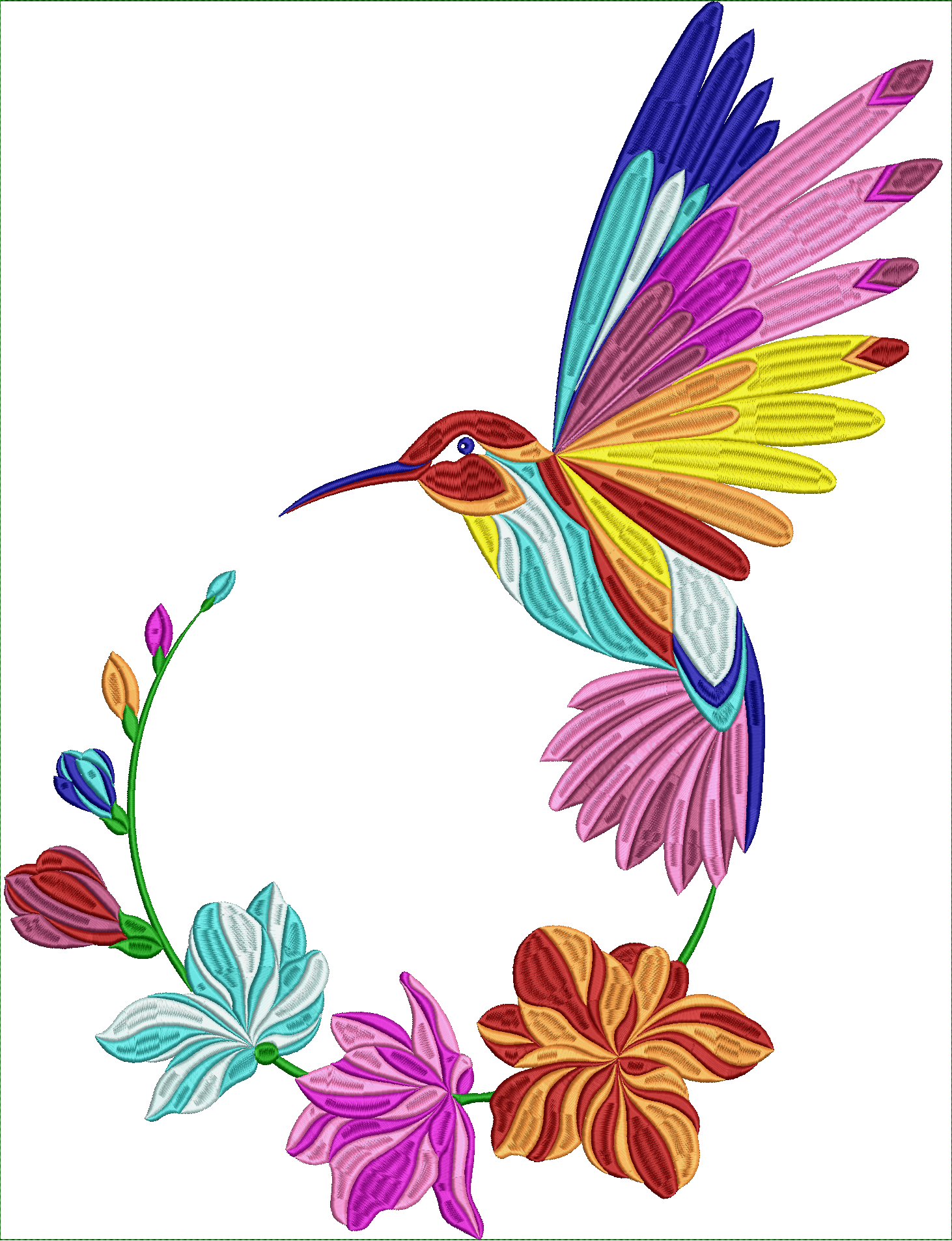 Embroidery design: A colorful embroidery design of a hummingbird in flight, surrounded by a partial floral wreath with buds and blossoms.