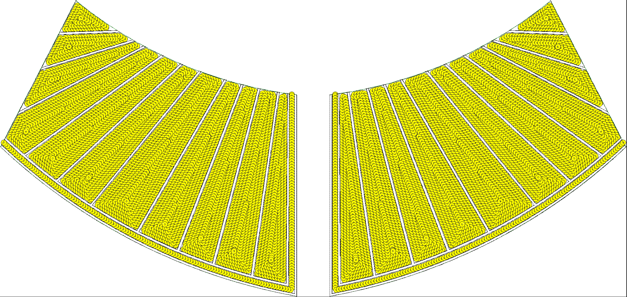 Embroidery design: A symmetrical fan-shaped embroidery design panel filled with repeating yellow circular motifs, outlined with thin white 