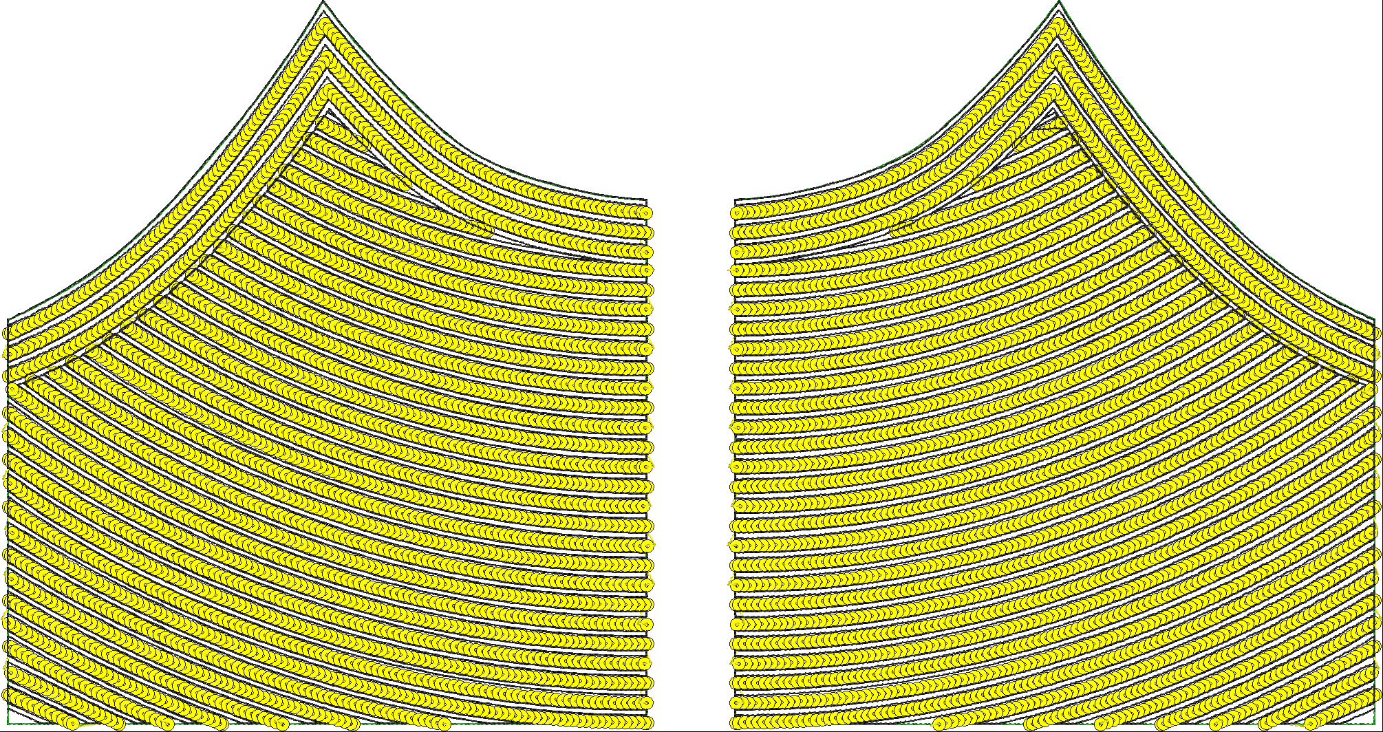 Embroidery design: A decorative embroidery design featuring repeating yellow, curved shapes outlined in black, arranged symmetrically in ro