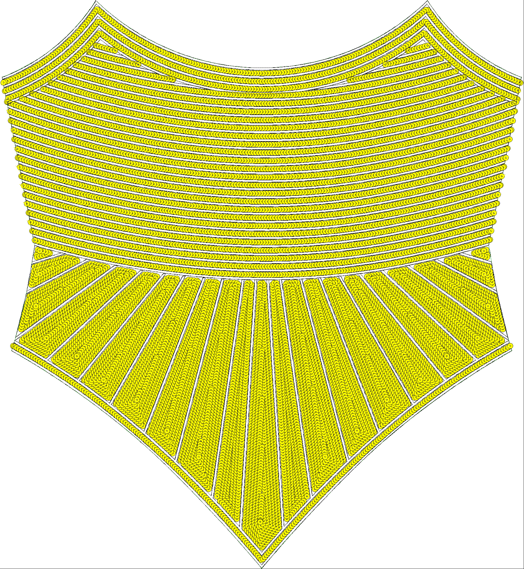 Embroidery design: A decorative embroidery design featuring a symmetrical, fan-shaped pattern in yellow with white outlines, composed of de