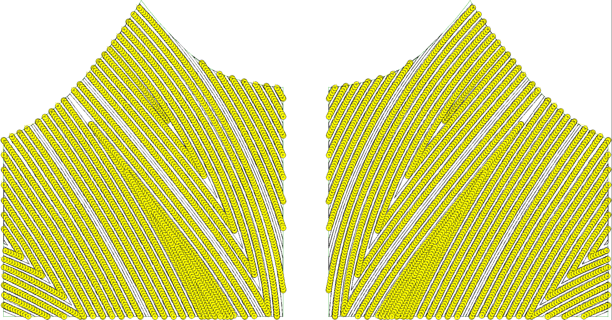 Embroidery design: Two symmetrical panels featuring a dense repeating pattern of yellow circular motifs with black outlines and internal te