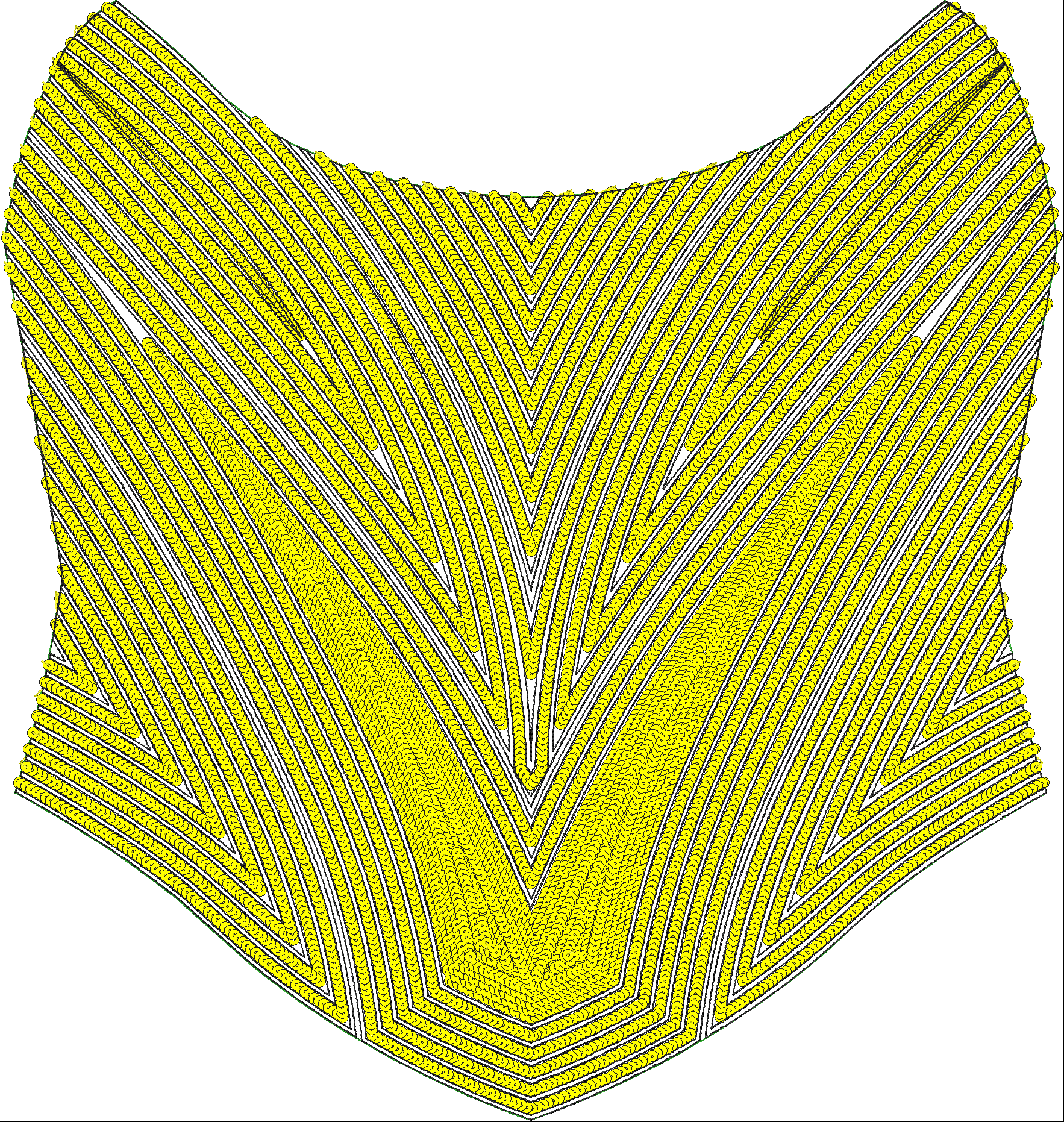 Embroidery design: A decorative embroidery design featuring a symmetrical V-shape pattern filled with dense yellow circular motifs, outline