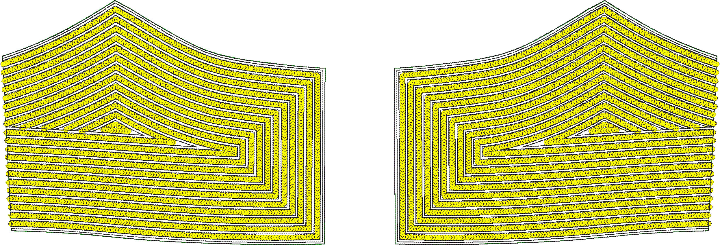 Embroidery design: A pair of symmetrical yellow embroidery designs for the front panels of a garment, featuring a dense fill of small, curv