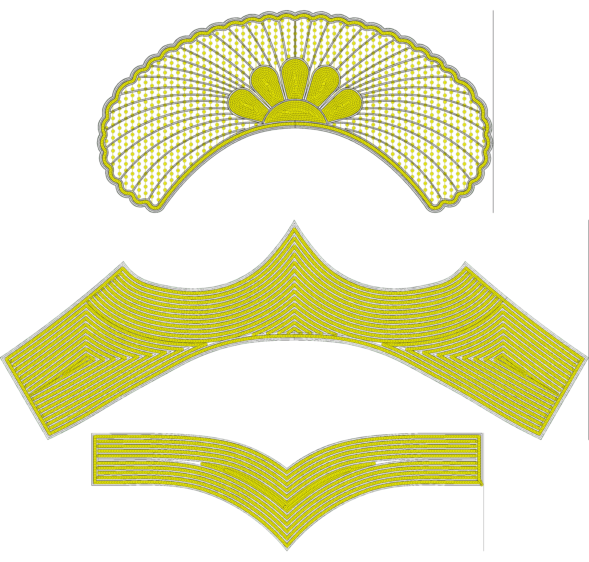 Embroidery design: Three yellow embroidery designs on a white background: a fan-shaped piece with radiating lines and a central floral moti