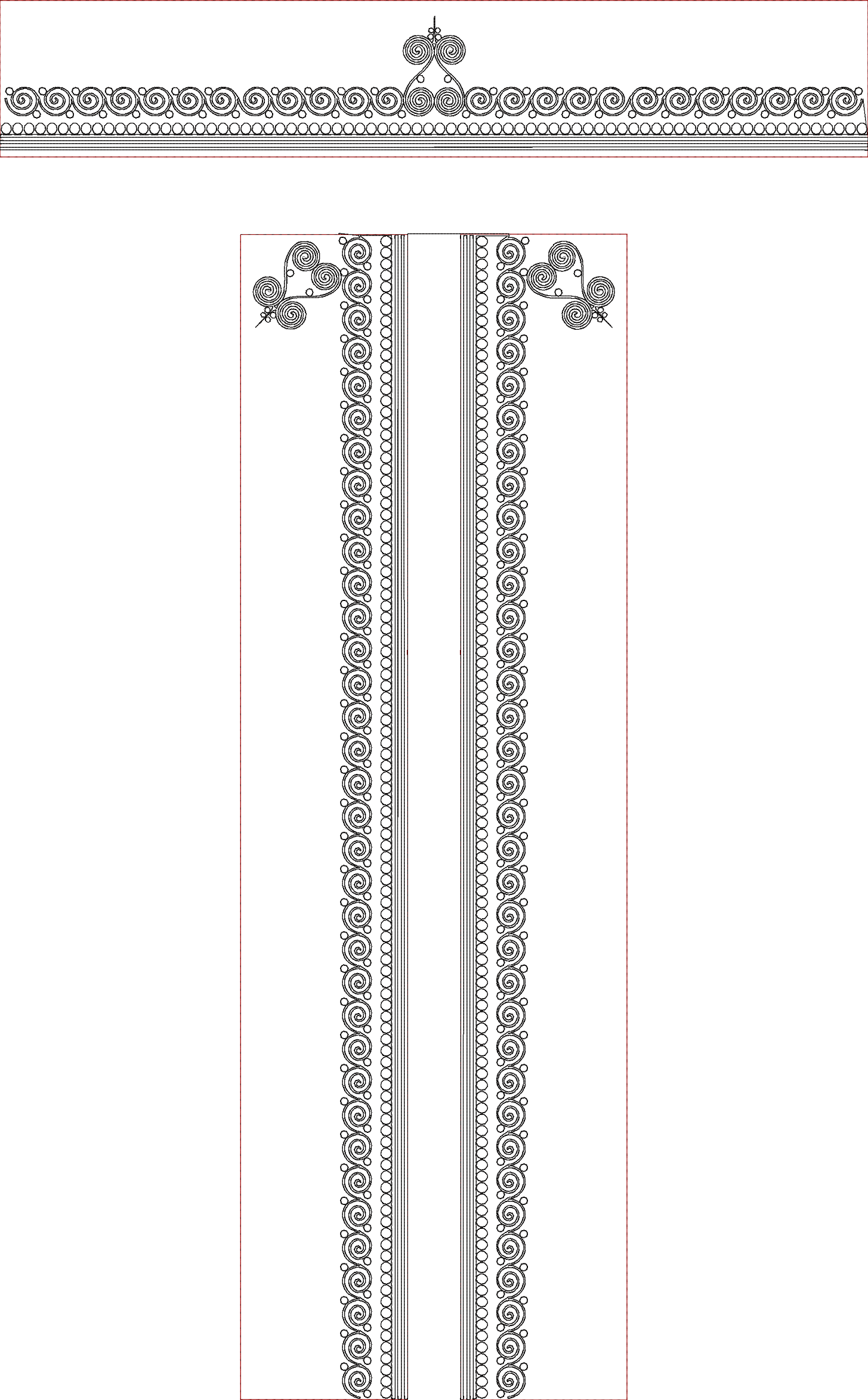 Embroidery design: A black embroidery design featuring symmetrical and repeating scrollwork and circular motifs arranged in vertical border