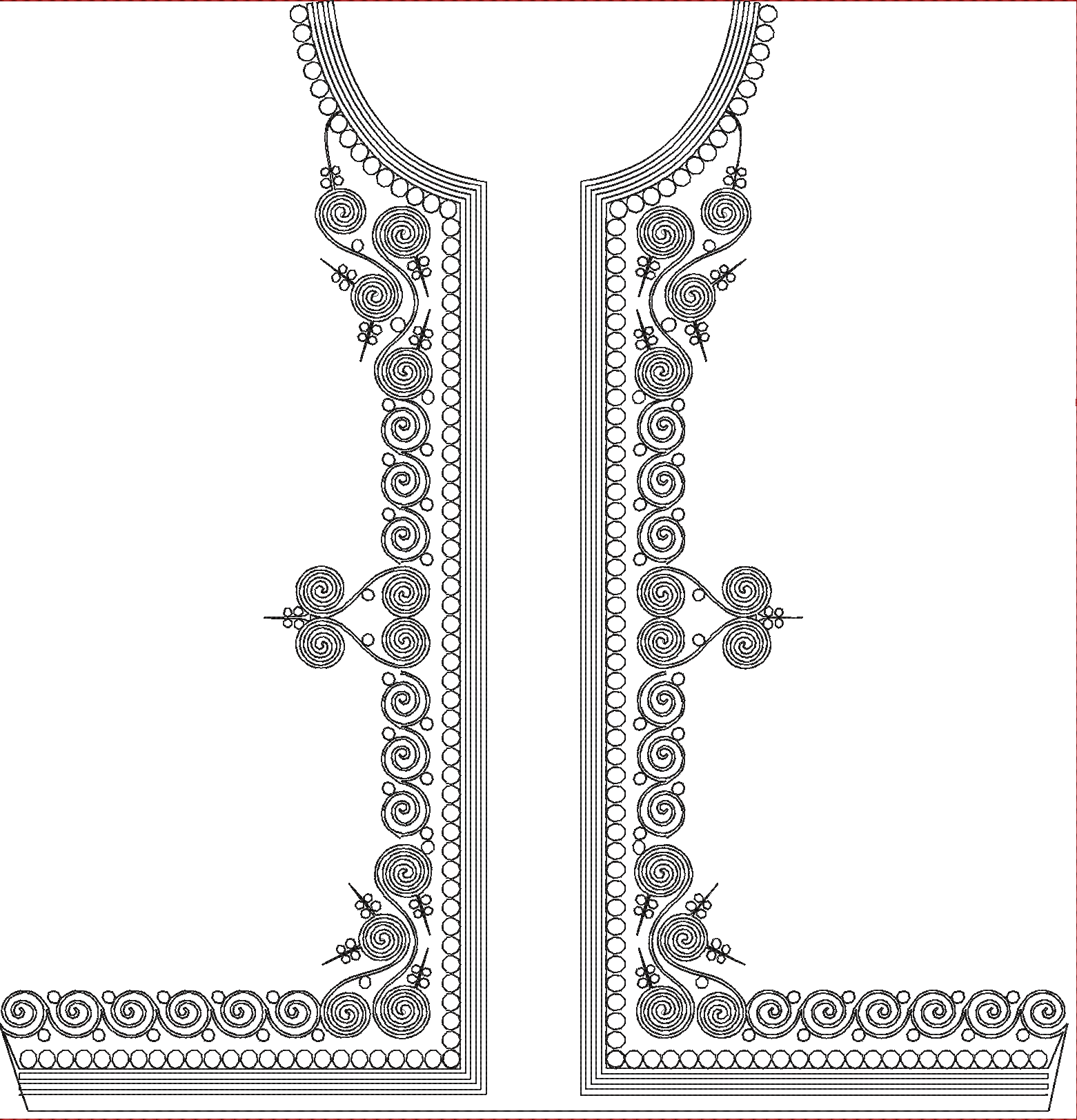 Embroidery design: An ornamental and symmetrical black and white embroidery design featuring intricate scrollwork and circular motifs, suit