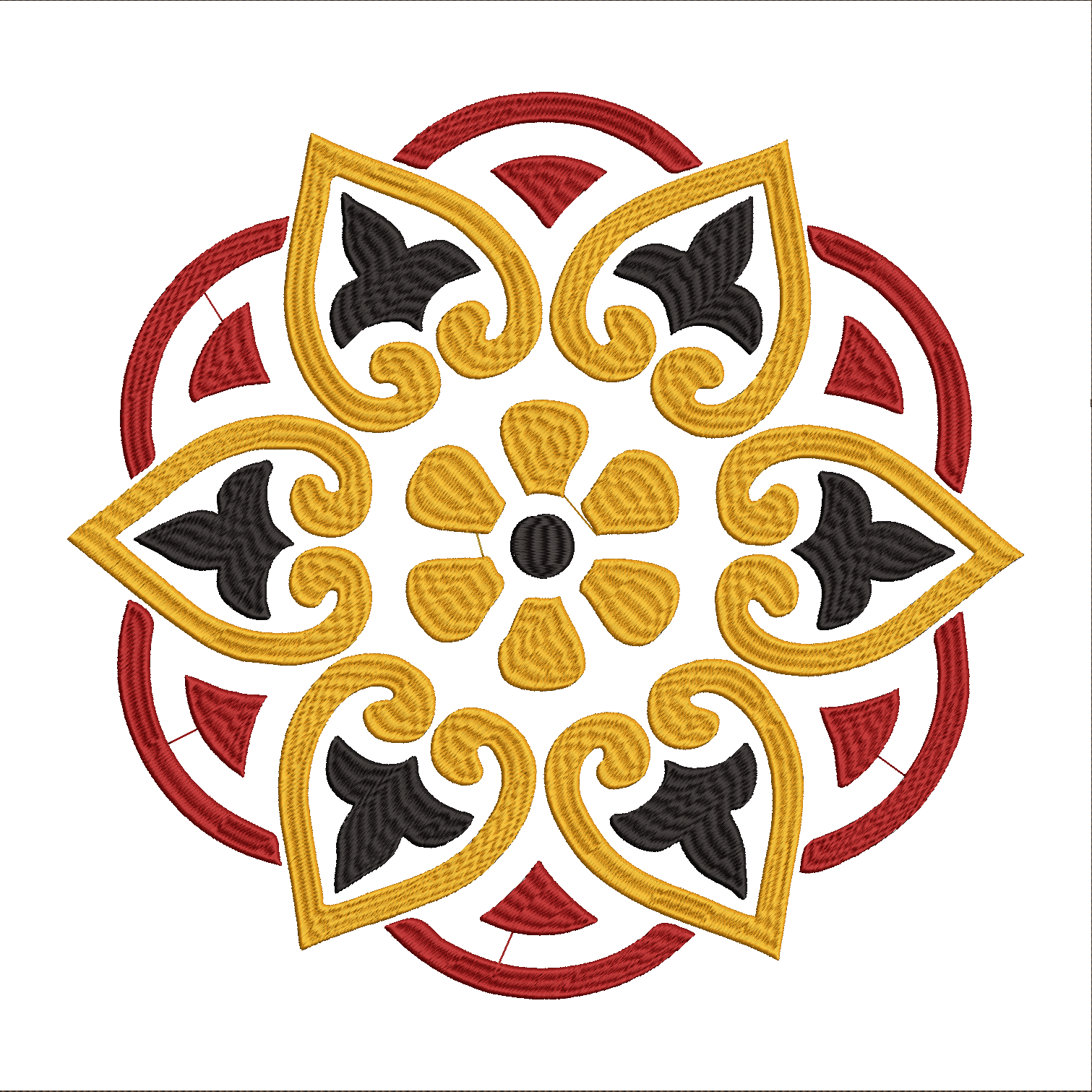 Embroidery design: A symmetrical, circular embroidery design with traditional and ornamental elements, featuring floral and leaf motifs in 