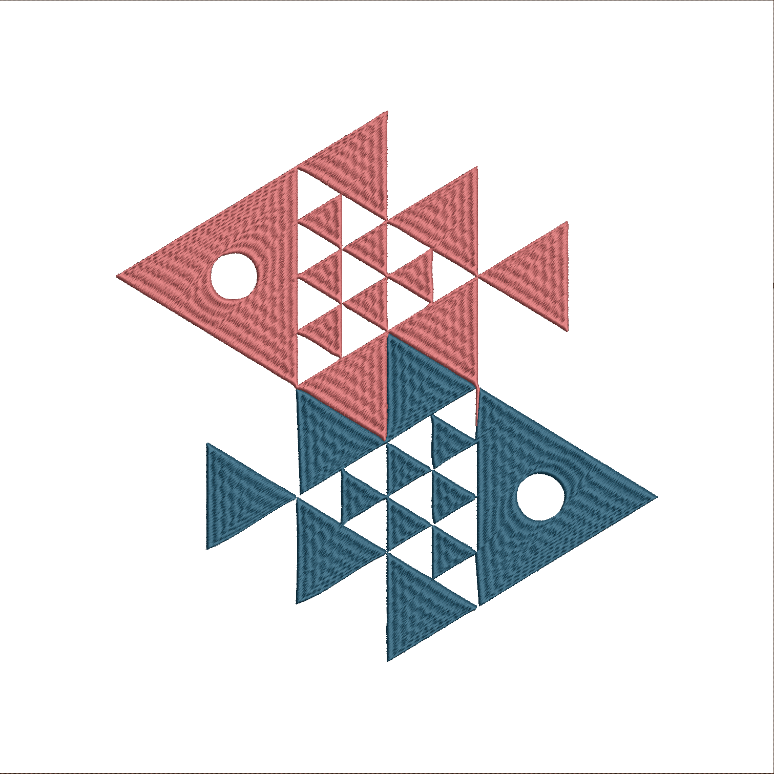 Embroidery design: Two abstract fish shapes composed of red and blue-gray geometric triangles, with white circular eyes. The design has a s