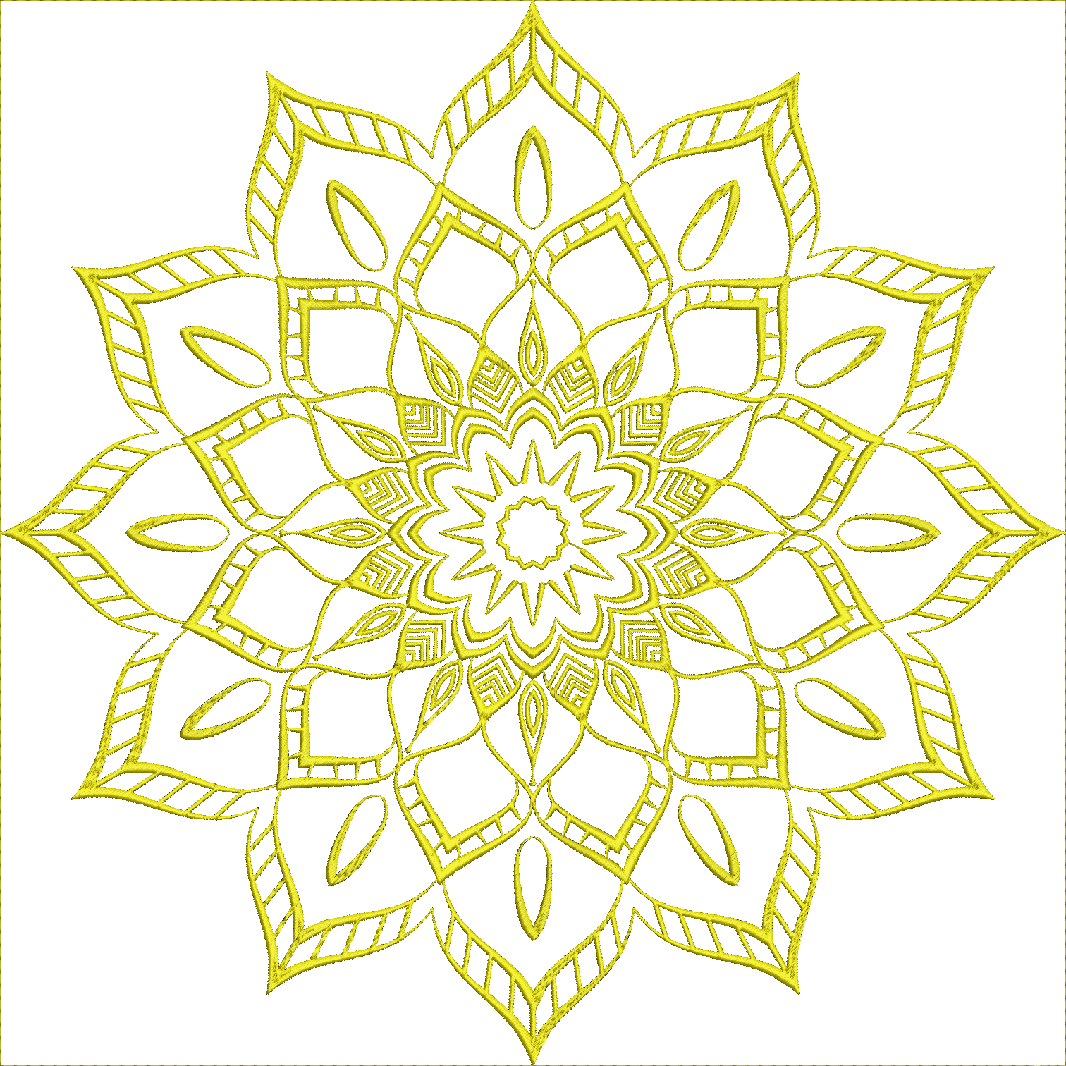 Embroidery design: A yellow, symmetrical, ornamental medallion with a geometric lace-like pattern.