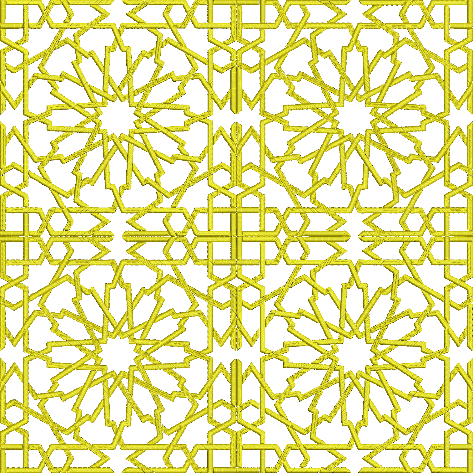 Embroidery design: A yellow embroidery design featuring a repeating, symmetrical, all-over pattern of geometric shapes forming a lattice an