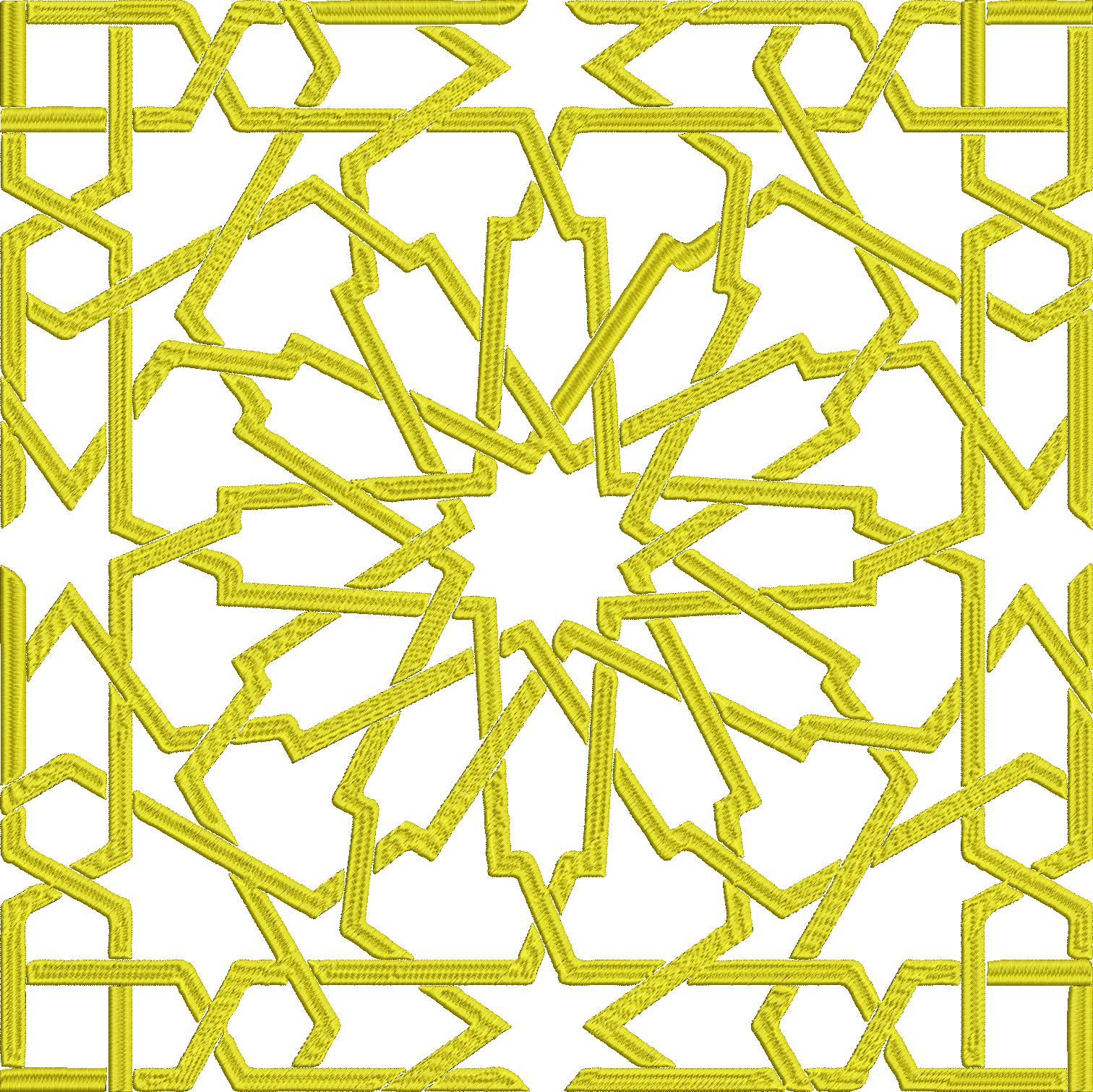 Embroidery design: A yellow embroidered geometric design with intricate interlocking star and polygon shapes in a traditional, ornamental s